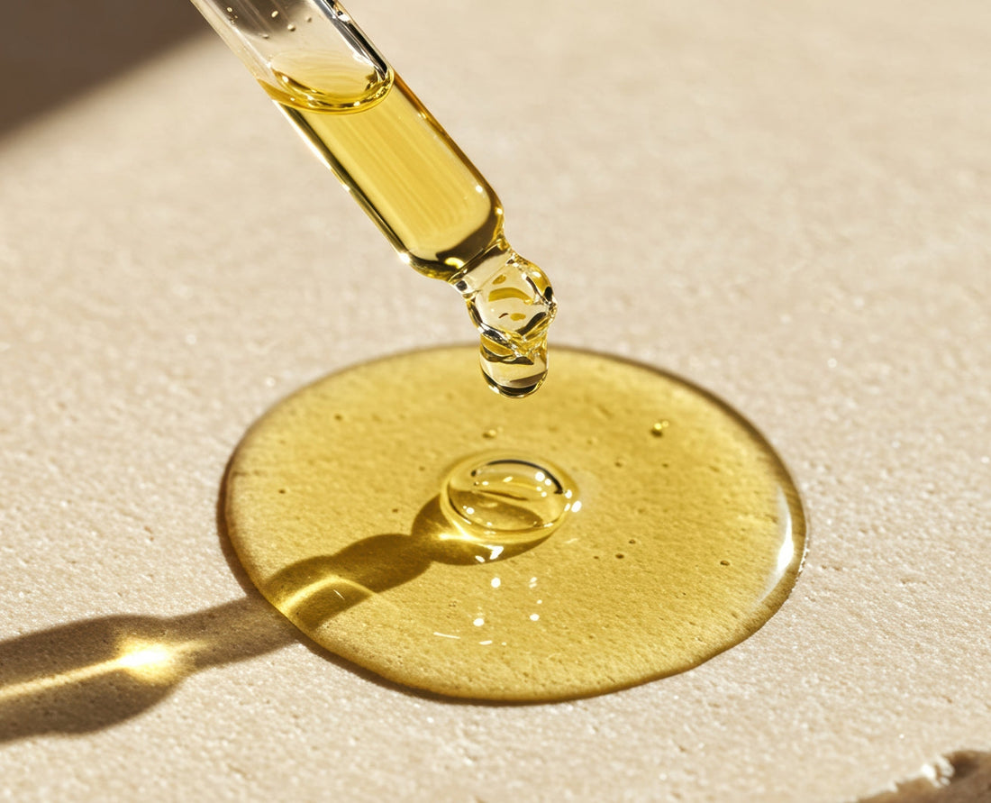 A close-up shot of a serum dropper with liquid texture on glass or skin.