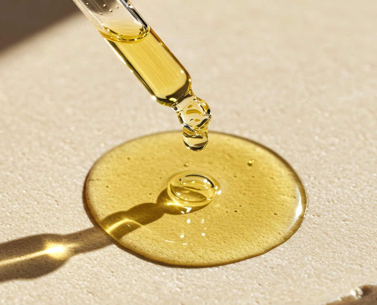 A close-up shot of a serum dropper with liquid texture on glass or skin.