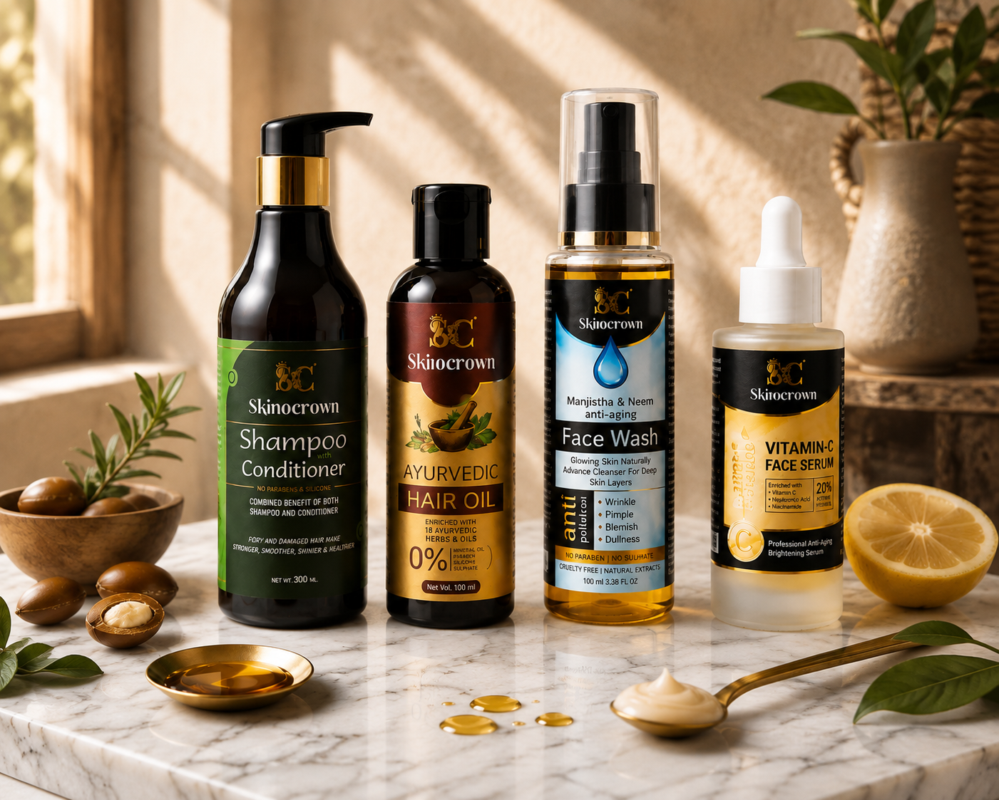 Skinocrown Complete Hair & Skin Care Combo | Shampoo, Hair Oil, Face Wash & Vitamin C Serum