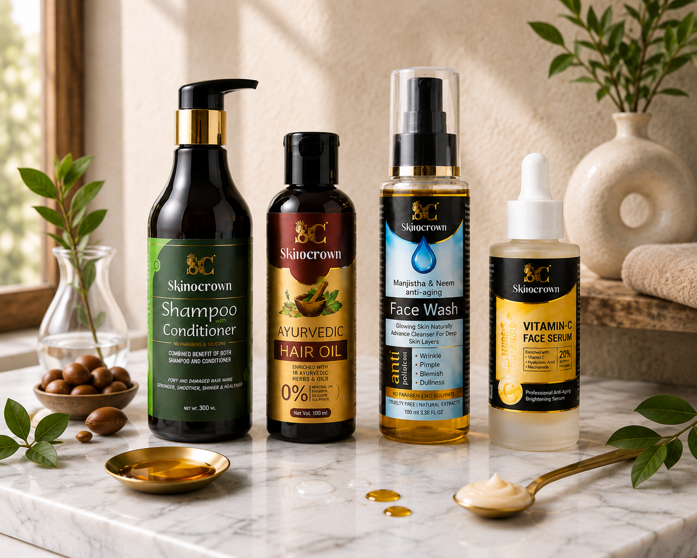 Skinocrown Complete Hair & Skin Care Combo | Shampoo, Hair Oil, Face Wash & Vitamin C Serum